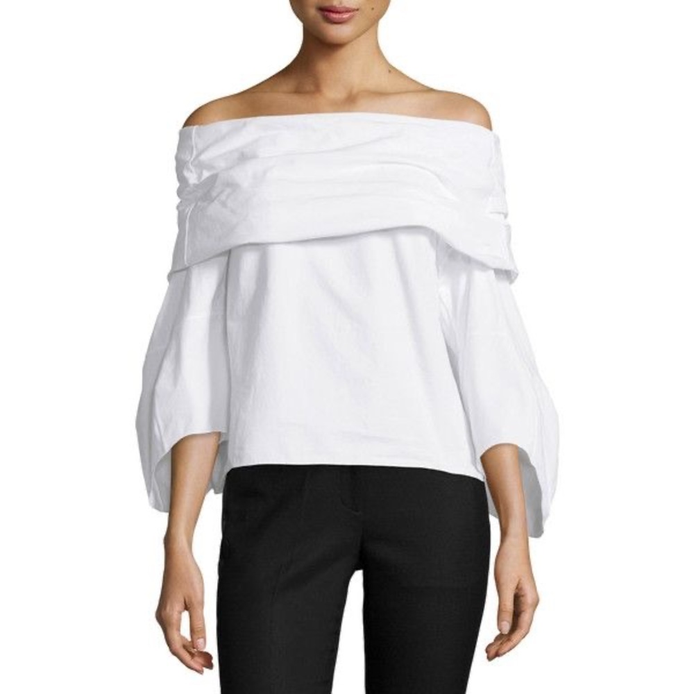 ROSIE ASSOULIN Off-The-Shoulder 3/4 Sleeve Cotton Poplin Draped Blouse Size XS
